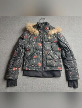 Lotto Leggenda Black Graphic Puffer Jacket Faux Fur Hood Size L